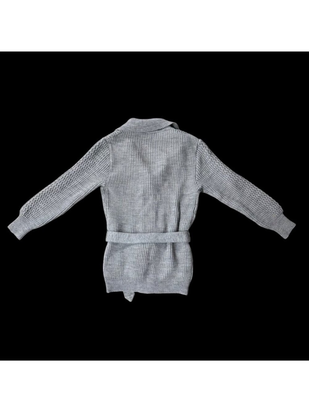 Vintage Gray Cardigan Sweater Belt Small Acrylic 1970s Ribbed Long Sleeve - Picture 3 of 6